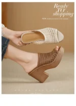Genuine Leather Thick-Soled Retro Wedge Heel Hollow-Out Open Toe Woven Slippers Women's
