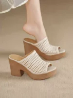 Genuine Leather Thick-Soled Retro Wedge Heel Hollow-Out Open Toe Woven Slippers Women's - Image 5